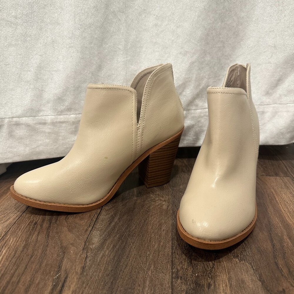 Cream Ankle Booties Block Heel | Neutral Faux Leather Boots